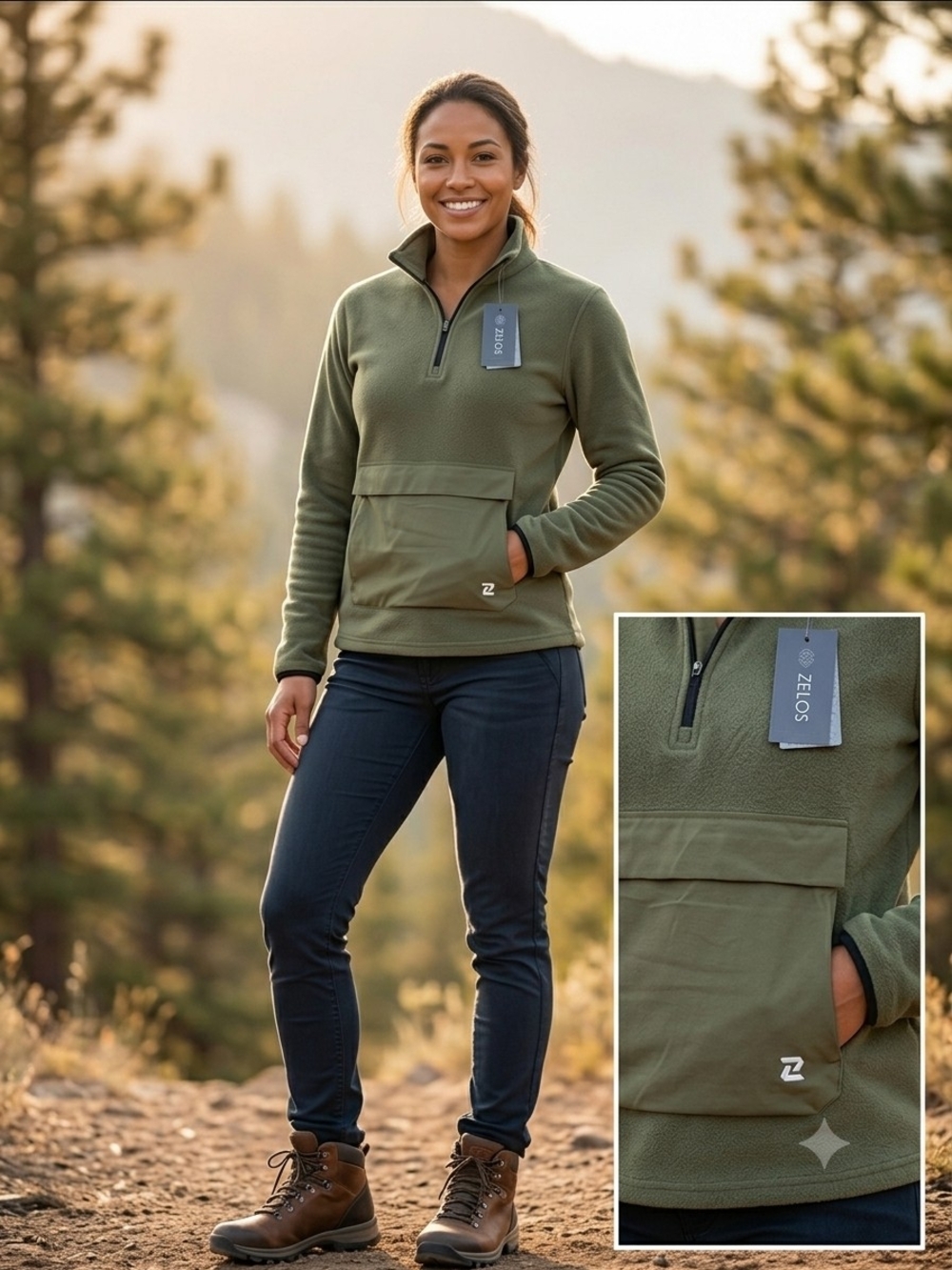 ZELOS Olive Green Half-Zip Teddy Fleece Jacket                ( Sw 29)